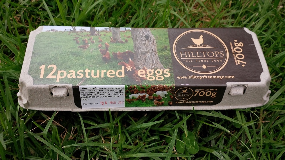 Pastured eggs, Hilltops Free Range, side of bobx